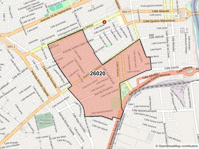 Mapa del código postal 26020, Piedras Negras, Coahuila de Zaragoza