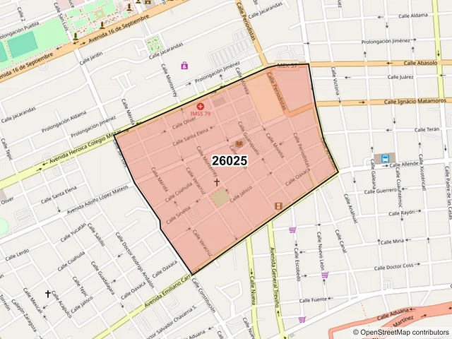 Mapa del código postal 26025, Piedras Negras, Coahuila de Zaragoza