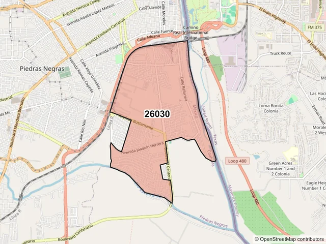 Mapa del código postal 26030, Piedras Negras, Coahuila de Zaragoza
