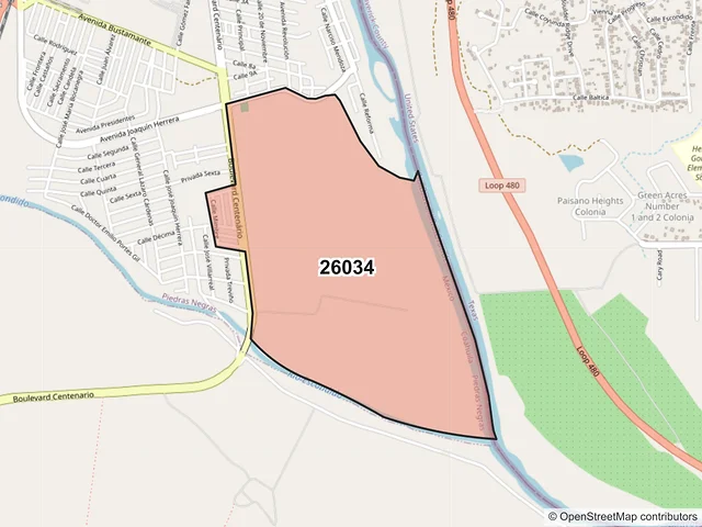 Mapa del código postal 26034, Piedras Negras, Coahuila de Zaragoza