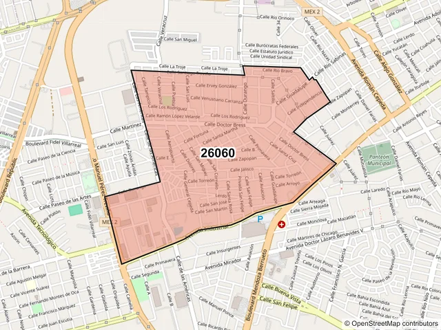 Mapa del código postal 26060, Piedras Negras, Coahuila de Zaragoza
