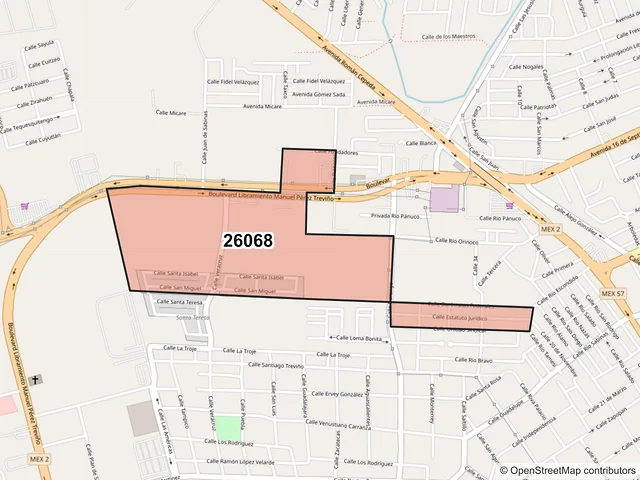 Mapa del código postal 26068, Piedras Negras, Coahuila de Zaragoza