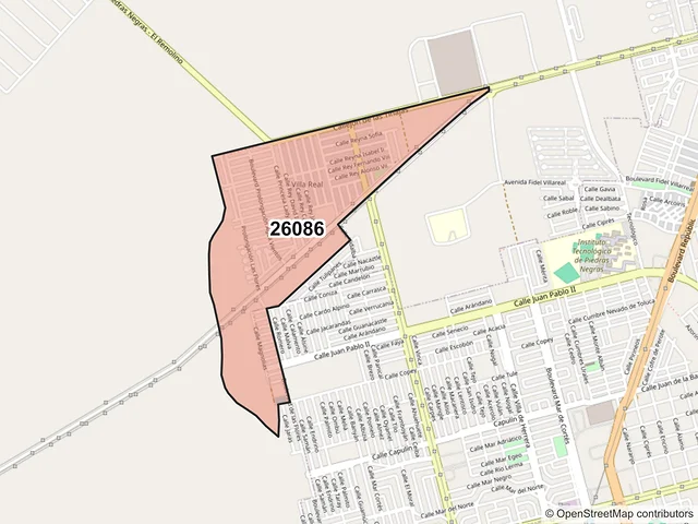 Mapa del código postal 26086, Piedras Negras, Coahuila de Zaragoza