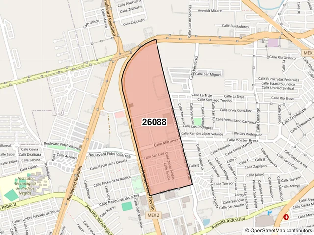 Mapa del código postal 26088, Piedras Negras, Coahuila de Zaragoza