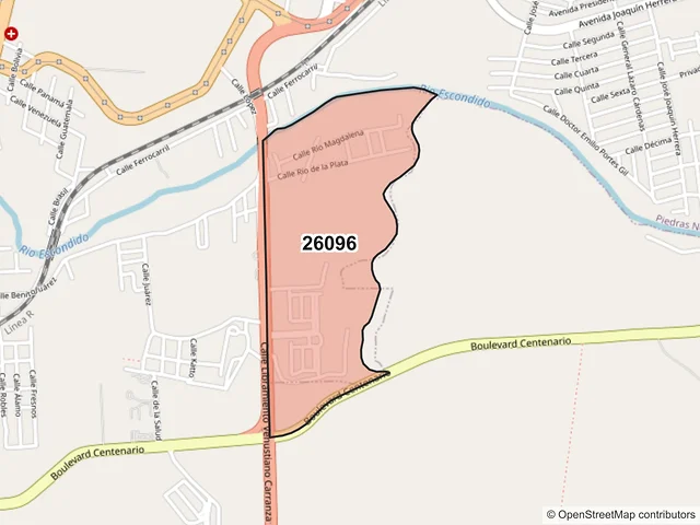 Mapa del código postal 26096, Piedras Negras, Coahuila de Zaragoza
