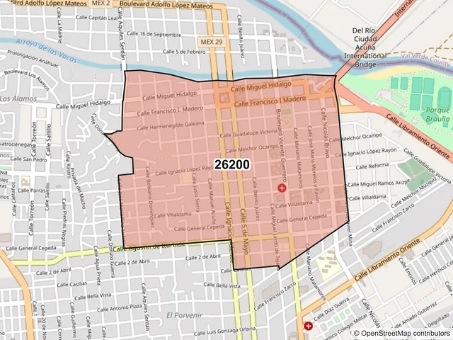 Mapa del código postal 26200, Acuña, Coahuila de Zaragoza