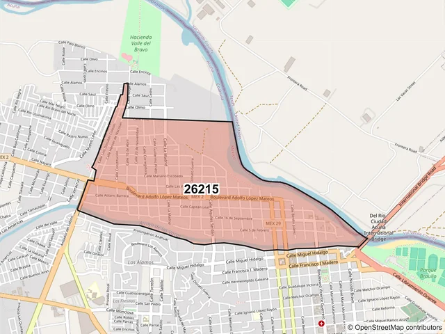 Mapa del código postal 26215, Acuña, Coahuila de Zaragoza