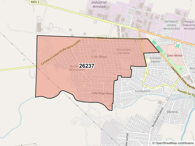 Mapa del código postal 26237, Acuña, Coahuila de Zaragoza