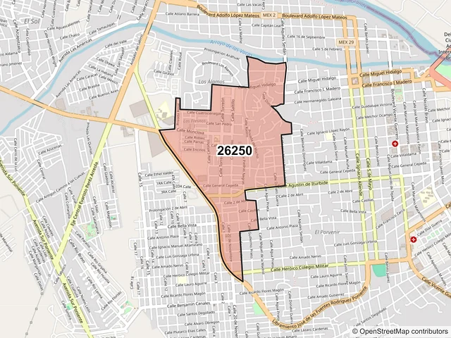 Mapa del código postal 26250, Acuña, Coahuila de Zaragoza