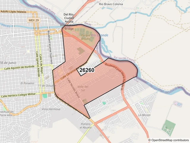 Mapa del código postal 26260, Acuña, Coahuila de Zaragoza