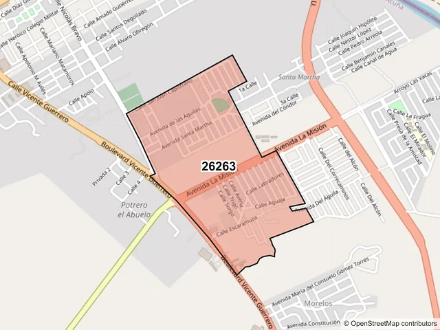 Mapa del código postal 26263, Acuña, Coahuila de Zaragoza
