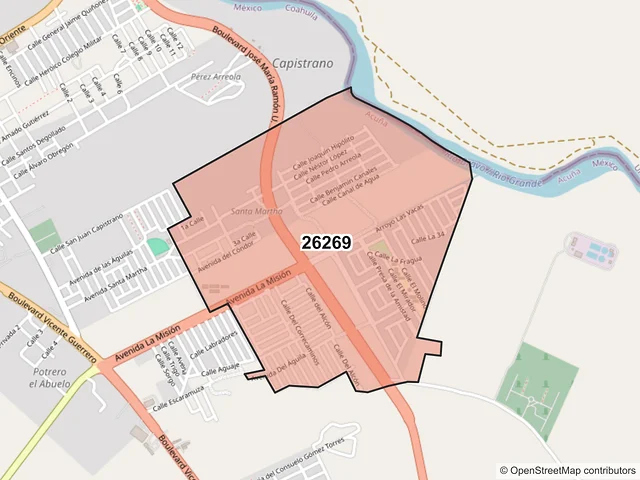 Mapa del código postal 26269, Acuña, Coahuila de Zaragoza