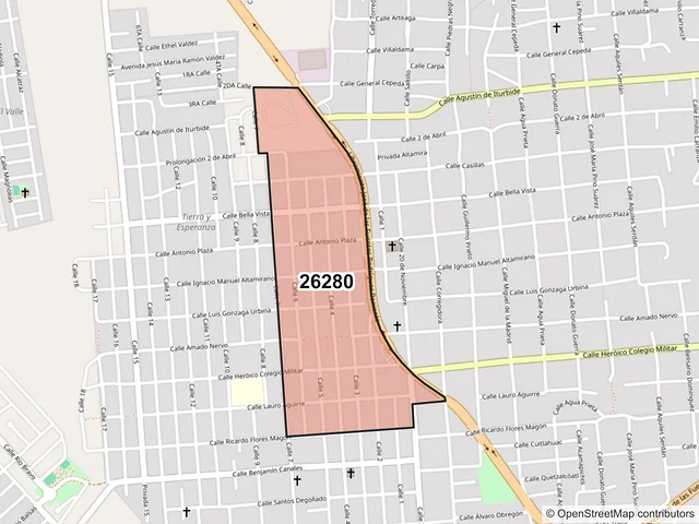 Mapa del código postal 26280, Acuña, Coahuila de Zaragoza