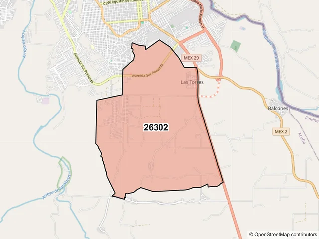 Mapa del código postal 26302, Acuña, Coahuila de Zaragoza