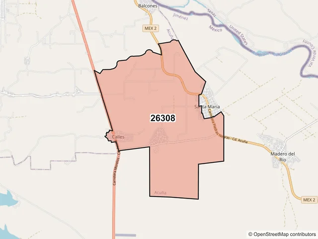 Mapa del código postal 26308, Acuña, Coahuila de Zaragoza
