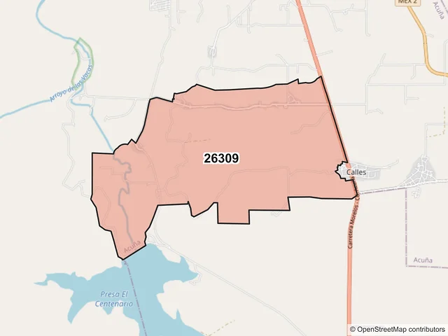 Mapa del código postal 26309, Acuña, Coahuila de Zaragoza