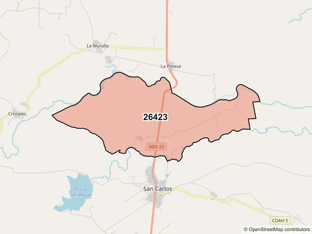 Mapa del código postal 26423, Jiménez, Coahuila de Zaragoza