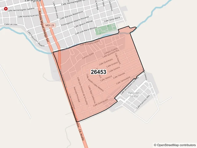 Mapa del código postal 26453, Zaragoza, Coahuila de Zaragoza