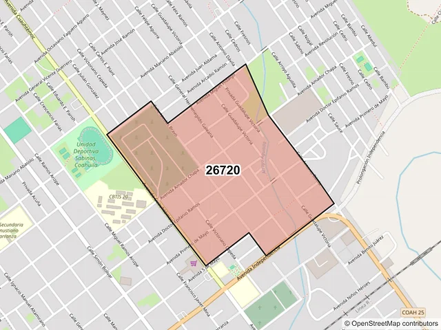 Mapa del código postal 26720, Sabinas, Coahuila de Zaragoza
