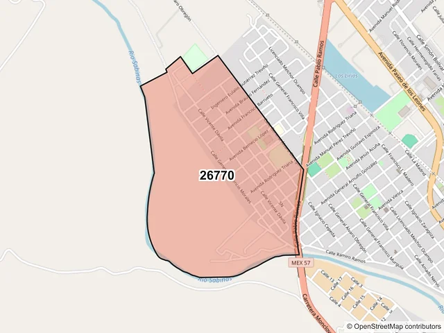 Mapa del código postal 26770, Sabinas, Coahuila de Zaragoza