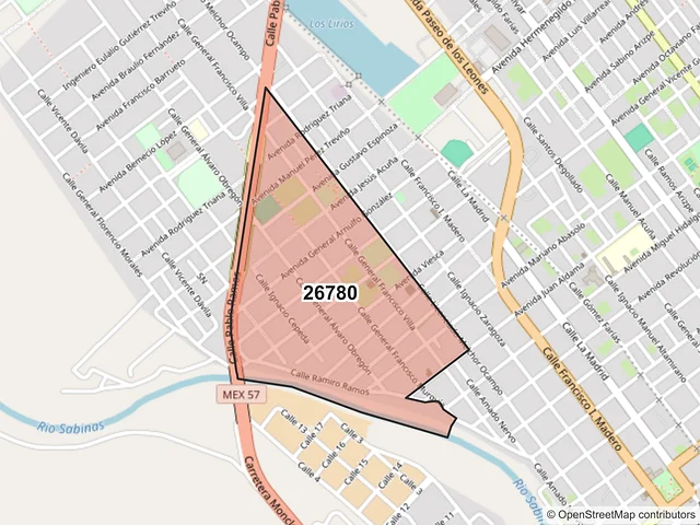 Mapa del código postal 26780, Sabinas, Coahuila de Zaragoza