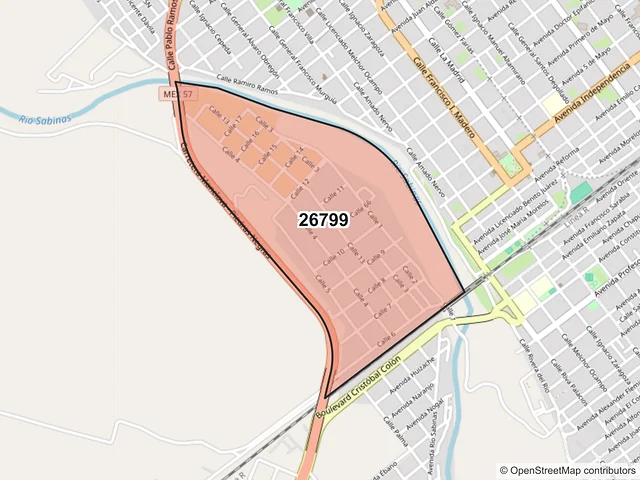 Mapa del código postal 26799, Sabinas, Coahuila de Zaragoza