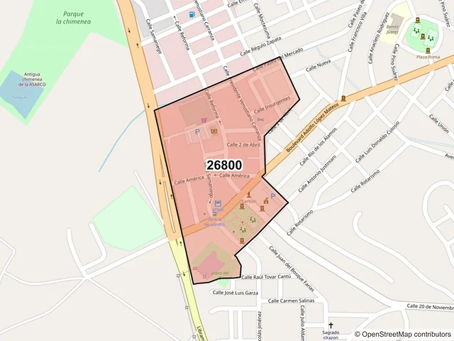 Mapa del código postal 26800, San Juan de Sabinas, Coahuila de Zaragoza
