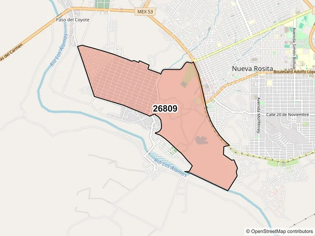 Mapa del código postal 26809, San Juan de Sabinas, Coahuila de Zaragoza