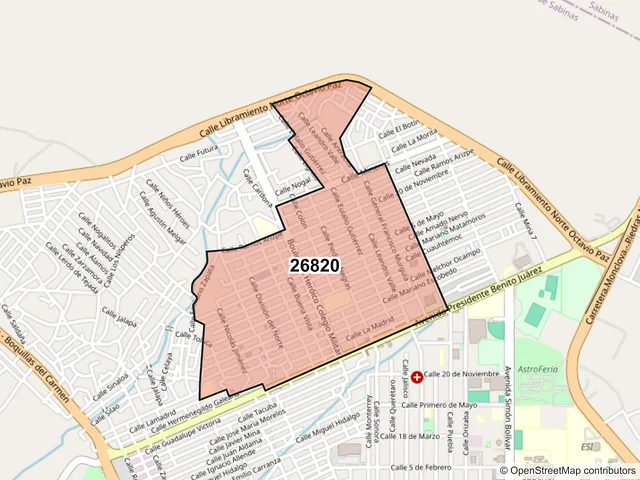Mapa del código postal 26820, San Juan de Sabinas, Coahuila de Zaragoza