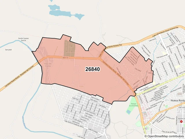 Mapa del código postal 26840, San Juan de Sabinas, Coahuila de Zaragoza