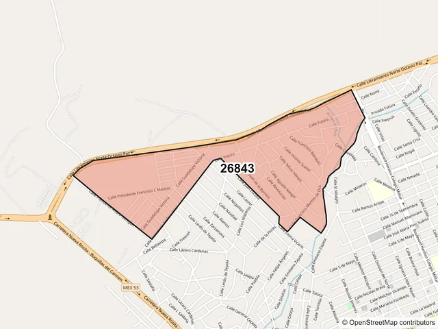 Mapa del código postal 26843, San Juan de Sabinas, Coahuila de Zaragoza