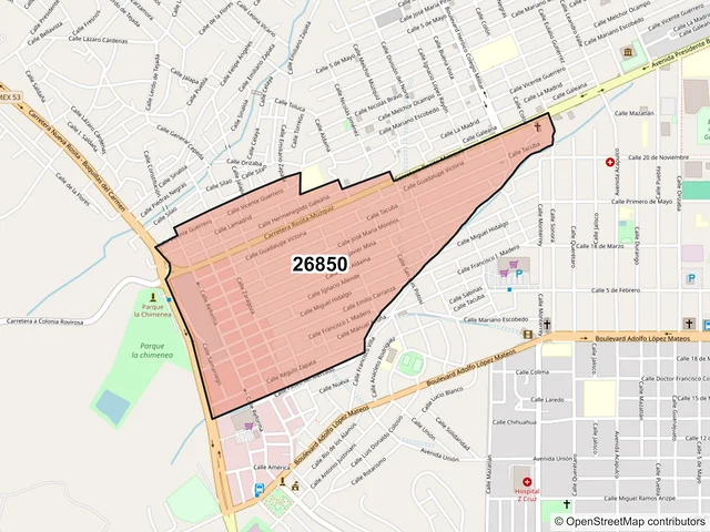 Mapa del código postal 26850, San Juan de Sabinas, Coahuila de Zaragoza