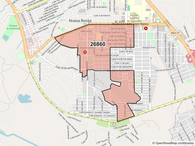 Mapa del código postal 26860, San Juan de Sabinas, Coahuila de Zaragoza