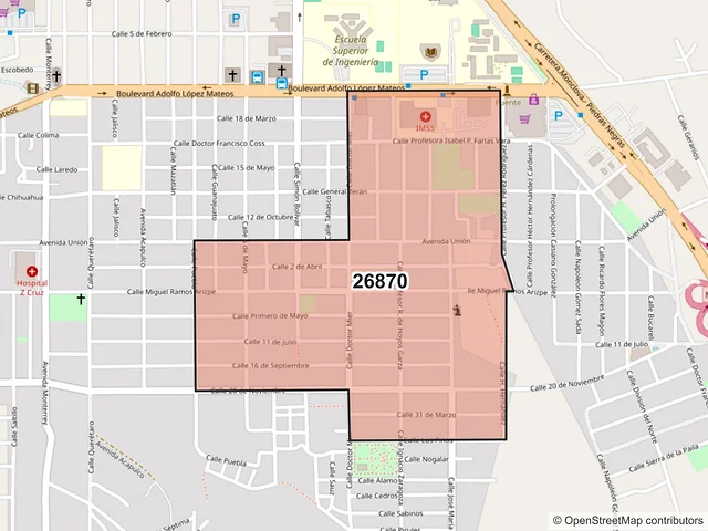 Mapa del código postal 26870, San Juan de Sabinas, Coahuila de Zaragoza