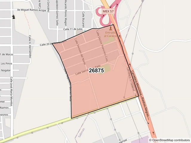Mapa del código postal 26875, San Juan de Sabinas, Coahuila de Zaragoza