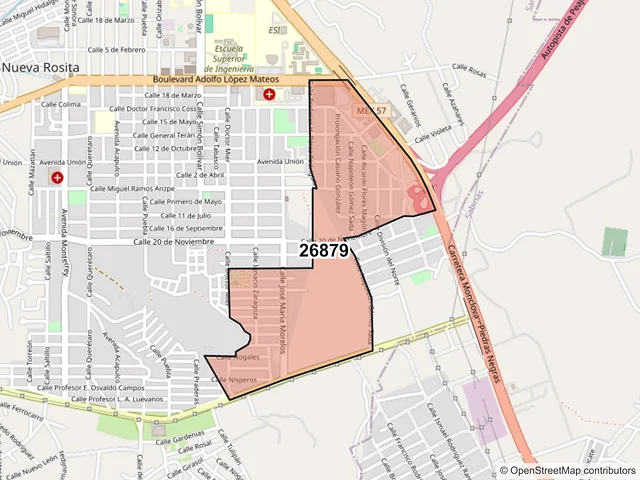 Mapa del código postal 26879, San Juan de Sabinas, Coahuila de Zaragoza