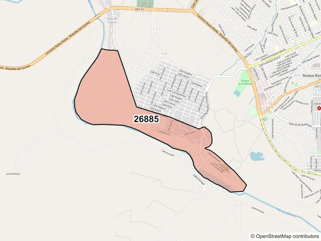 Mapa del código postal 26885, San Juan de Sabinas, Coahuila de Zaragoza