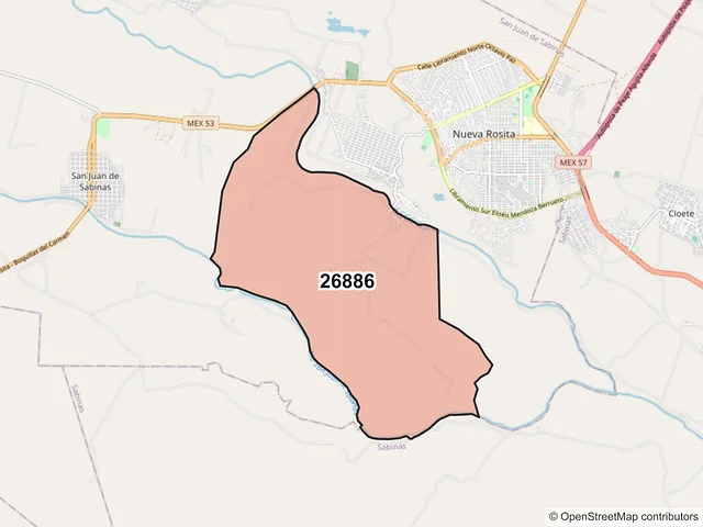 Mapa del código postal 26886, San Juan de Sabinas, Coahuila de Zaragoza