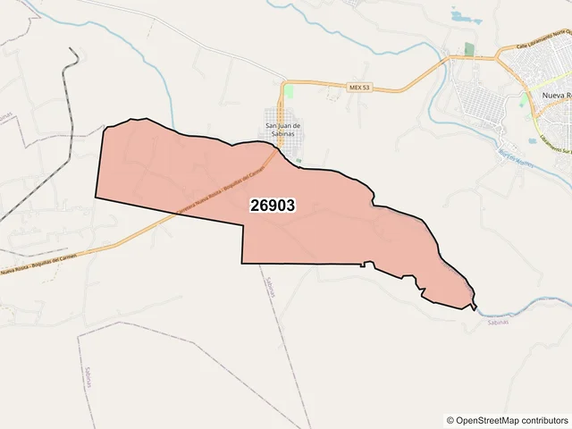 Mapa del código postal 26903, San Juan de Sabinas, Coahuila de Zaragoza