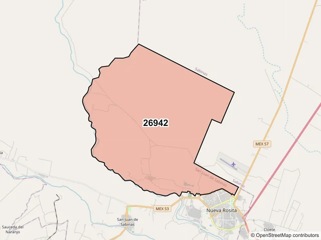 Mapa del código postal 26942, San Juan de Sabinas, Coahuila de Zaragoza
