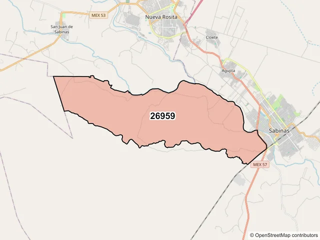Mapa del código postal 26959, Sabinas, Coahuila de Zaragoza