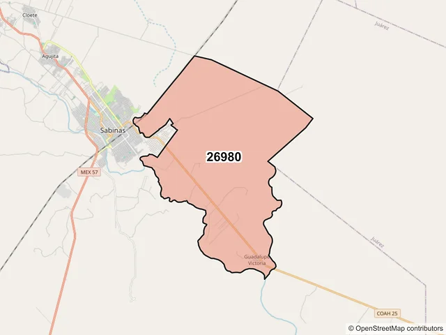 Mapa del código postal 26980, Sabinas, Coahuila de Zaragoza