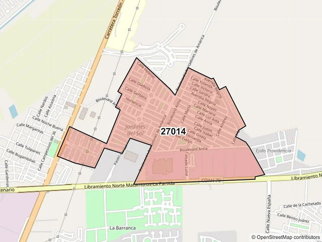 Mapa del código postal 27014, Torreón, Coahuila de Zaragoza