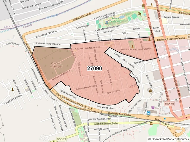Mapa del código postal 27090, Torreón, Coahuila de Zaragoza