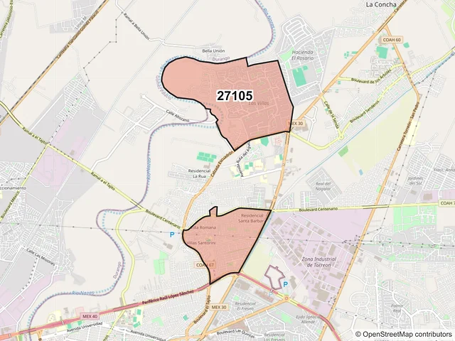 Mapa del código postal 27105, Torreón, Coahuila de Zaragoza