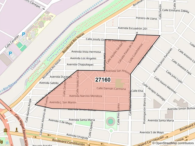 Mapa del código postal 27160, Torreón, Coahuila de Zaragoza