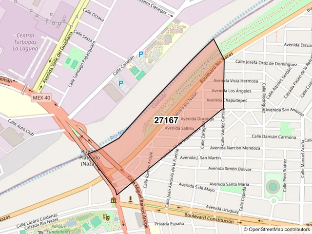 Mapa del código postal 27167, Torreón, Coahuila de Zaragoza