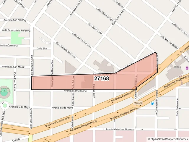 Mapa del código postal 27168, Torreón, Coahuila de Zaragoza