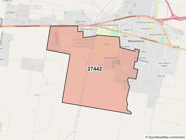 Mapa del código postal 27442, Matamoros, Coahuila de Zaragoza