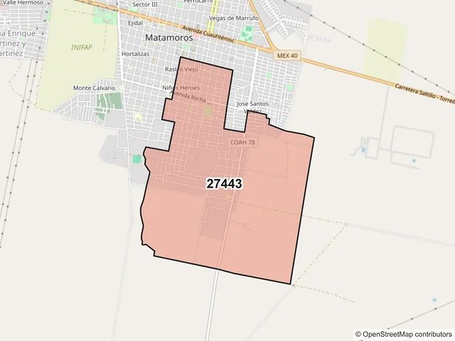 Mapa del código postal 27443, Matamoros, Coahuila de Zaragoza